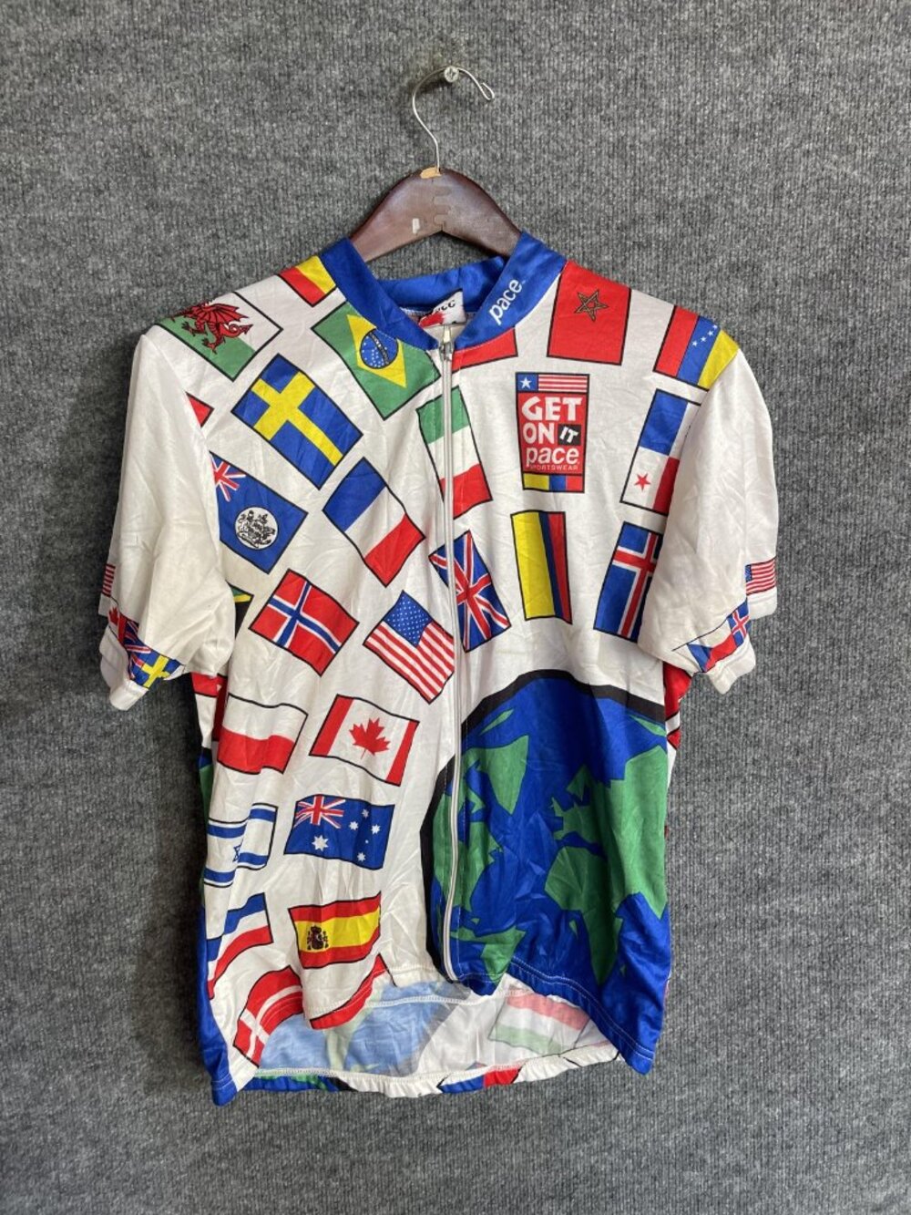 Vintage Pace Sportswear Cycling Jersey Mens Small World Flag Full Zip Pockets